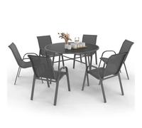 IDMarket – Salon de jardin Madrid – Table ronde 120 cm et 6 chaises empilables – Gris anthracite