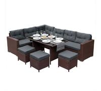 Salon De Jardin Marron En Rotin Pour 9 Personnes Ensemble Table & Sièges Avec Coussins Ultra Epais & Lavable - Anti-Uv - Aménagement Extérieur Terrasse Patio Piscine [Housse De Protection Incluse] Mar