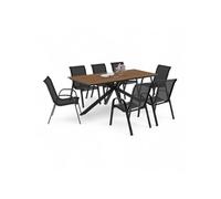 Salon de jardin MESSINA table 190 cm pied araignée plateau effet bois et 8 chaises empilables noires