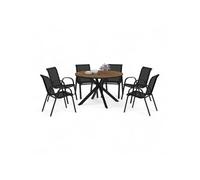 Salon de jardin MESSINA table ronde 120 cm pied araignée plateau effet bois et 6 chaises empilables noires