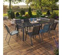 IDMarket - Salon de jardin MADRID table 190 cm et 8 chaises empilables mix bleu, gris et noir