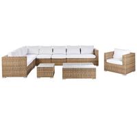 Salon de jardin modulable 8 places en polyrotin marron clair et coussins blanc XXL