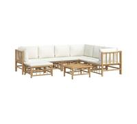 Salon de jardin meuble d'extérieur ensemble de mobilier 8 pièces avec coussins blanc crème bambou 02_0017483