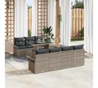 Salon de jardin modulaire 8 pièces en polyrotin gris avec coussins, trois fauteuils sans accoudoirs, quatre canapés avec accoudoirs et table en verre trempé, moderne