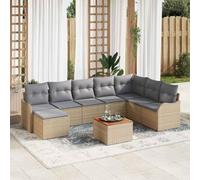 Salon de jardin modulaire 9 pièces en polyrotin et bois d'acacia, beige et gris clair, comprend quatre places centrales et deux canapés avec accoudoirs intégrés