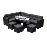 Salon de Jardin Noir en Rotin pour 9 Personnes Ensemble Table & Sièges avec Coussins Ultra Epais & Lavable - Anti-UV - Aménagement Extérieur Terrasse Patio Piscine [Housse de Protection INCLUSE]