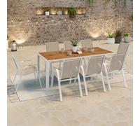 IDMarket - Salon de jardin NOUMEA Table 190 cm Plateau verre trempé effet bois 8 chaises blanc/bois