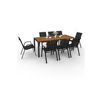 IDMARKET Salon de jardin NOUMEA table 190 cm plateau verre trempé effet bois et 8 chaises empilables noir et bois