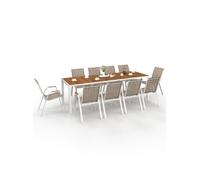 IDMarket - Salon de jardin NOUMEA Table 240 cm verre trempé effet bois et 10 chaises Blanc/Bois