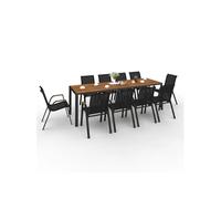 Salon de jardin NOUMEA table 240 cm plateau verre trempé effet bois et 10 chaises empilables noir et bois