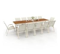 IDMarket Salon de jardin Noumea table extensible 135/270 verre trempé effet bois 12 chaises beige