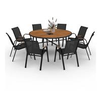 IDMarket – Salon de jardin NOUMEA – Table ronde 150 cm verre trempé effet bois + 8 chaises noir/bois