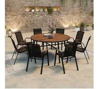 IDMarket – Salon de jardin NOUMEA – Table ronde 150 cm verre trempé effet bois + 8 chaises noir/bois
