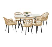 Salon de Jardin Outsunny 6 personnes ensemble de salle à manger en rotin PE - plateau en verre trempé, cadre en acier, Bois naturel