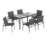 Salon de jardin - Outsunny - 7 pièces 6 personnes - table effet bois - acier et maille - noir