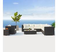 CONCEPT USINE | Salon de Jardin Panoramique 8 Places SALENTO 2 en Résine Tressée Noire | 2 Tables + Fauteuil | Coussins Blancs Déperlants Ultra Confort | Structure Aluminium | Modulable & Élégant