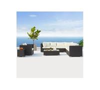 CONCEPT USINE | Salon de Jardin Panoramique 8 Places SALENTO 2 en Résine Tressée Noire | 2 Tables + Fauteuil | Coussins Blancs Déperlants Ultra Confort | Structure Aluminium | Modulable & Élégant