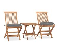 Salon de jardin pliable en teck massif avec coussins gris résistant aux intempéries pour balcon et terrasse, idéal pour les dîners en plein air et les petits espaces, prêt à l'emploi.