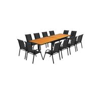 Salon de jardin POLY extensible table 135/270 cm et 12 chaises bois et noir