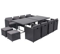CONCEPT USINE | Salon de Jardin Encastrable Résine Tressée 12 Personnes | Miami Noir Coussins Gris | Table Plateau de Verre Amovible + 8 Fauteuils + 4 poufs | Coussins Déhoussables | Résiste à l'eau