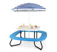 Salon de Jardin pour 8 Enfants COSTWAY - 1 Table et 4 Bancs Extérieur avec Parasol Amovible, Table de Pique-nique Bleu