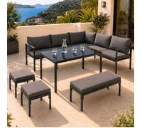 Salon de jardin repas NAYLA 8 places d'angle en métal et coussins gris avec table à manger