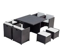 Salon de Jardin Encastrable SUNSET Résine Tressée 8 Pers Noir/Blanc | Table aluminium + 4 fauteuils + 4 poufs, coussins déhoussables zippés