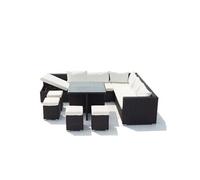 CONCEPT USINE | Salon de Jardin Encastrable Résine Tressée 10 Personnes | FIDJI Noir coussin blanc | Table Plateau Verre + 4 Poufs + Grand Canapé Assise Inclinable Bain de Soleil | Coffre de Rangement