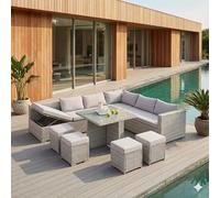 Salon de Jardin SAMOA Encastrable Résine Tressée 10 Places Gris Clair | Canapé d'angle inclinable, table plateau verre trempé et 4 poufs encastrables, 12 coussins