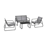 Salon de Jardin Stylé Table Basse Plateau en Verre Canapé Fauteuils Ensemble de 4 Meubles Extérieurs pour 4 Personnes Acier PVC Polyester Noir Gris Clair
