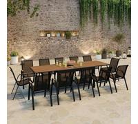 IDMarket – Salon de jardin NOUMEA Table extensible 135/270 cm effet bois et 12 chaises noir/bois