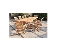 Kajang : Salon De Jardin Teck Massif 10 Personnes - Table Rectangulaire + 8 Chaises + 2 Fauteuils Marron