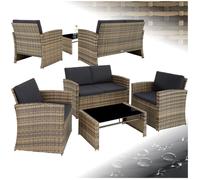 Salon de jardin - TECTAKE - Canapé de jardin lounge JESOLO 4 places en rotin robuste, plateau en verre - Marron naturel/Gris foncé