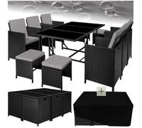 Salon de jardin - TECTAKE - Ensemble repas d'extérieur MALAGA 10 personnes pliable encastrable en rotin avec housse - Noir/Gris