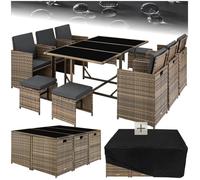 Salon de jardin - TECTAKE - Ensemble repas d'extérieur MALAGA 10 personnes pliable encastrable en rotin avec housse - Marron Naturel