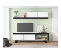Salon IDEM composé par un meuble tv bas avec pieds et une étagère murale couleur Blanc et Noir 200x180x40cm
