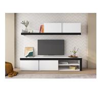 Salon IDEM composé par un meuble tv bas et une étagère murale couleur Blanc/Noir 200x180x40cm