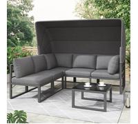 Salon Jardin 5 Places avec Auvent Rétractable, Ensemble Canapé de Jardin d'Angle en Fer et Table en Verre Trempé, Coussins Gris 9cm
