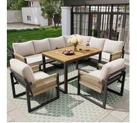 Salon Jardin 8 Places Modulable en Métal et Corde, Ensemble Canapé d'Angle avec Fauteuils et Table en Bois, Coussins Beiges