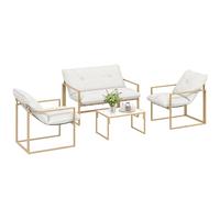 Salon Jardin E4 Pcs Acier Canapé 2P 2 Fauteuils Table Basse Coussins 15cm Kaki