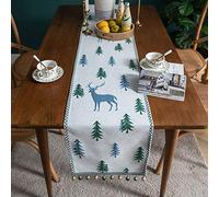 Salon Mignon Chemin de Table Noël Chenille à Pompons Elegant pour Décoration de Table Nappe de Noël Xmas Motifs de Sapin et de Cerfs (Cerf Bleu, 33X300CM)