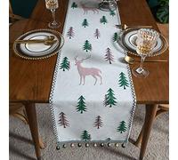 Salon Mignon Chemin de Table Noël Chenille à Pompons Elegant pour Décoration de Table Nappe de Noël Xmas Motifs de Sapin et de Cerfs (Cerf Rose, 33X300CM)