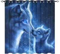Salon Rideau Occultant 2 Pièces 140L X 225H cm, Animal Louve MèRe Et Son Petit Rideau Thermique Isolant Tenture Opaque à Oeillets Bleu Rideaux Anti UV Decoration Chambre Enfant Adult