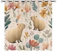 Salon Rideau Occultant 2 Pièces 91.5L X 214H cm, Blanc Rideau Thermique Isolant Tenture Opaque à Oeillets Capybara de Dessin Animé Avec Des Fleurs Rideaux Anti UV Decoration Chambre Enfant Adult