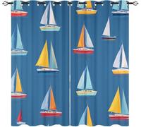 Salon Rideau Occultant 2 Pièces 91.5L X 214H cm, Bleu Rideau Thermique Isolant Tenture Opaque à Oeillets Imprimé de Voilier de Dessin Animé Coloré Rideaux Anti UV Decoration Chambre Enfant Adult