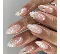 Salon Styles Faux Ongles French Fleur Amande Pointe ABS Confortable à porter toute la journée Plage Bureau Événement Plage Vacances Nail Accessoires
