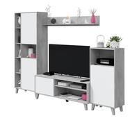 Salon TV Modulaire, Meuble de salon, Ensemble de meubles, Modèle Zoe, Fini en Blanc Artik et Gris Ciment, Mesures : 260 cm (L) x 184 cm (H) 40 cm (P)