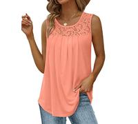 Saloogoe Débardeurs d'été pour femmes, coupe ample, tunique plissée, col rond, sans manches, en dentelle, ourlet incurvé, fluide, Corail, Taille XL