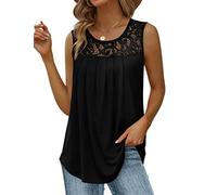 Saloogoe Débardeurs d'été pour femmes, coupe ample, tunique plissée, col rond, sans manches, en dentelle, ourlet incurvé, fluide, Entièrement noir, XX-Large