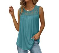 Saloogoe Débardeurs d'été pour femmes, coupe ample, tunique plissée, col rond, sans manches, en dentelle, ourlet incurvé, fluide, Bleu cadet, Taille XL
